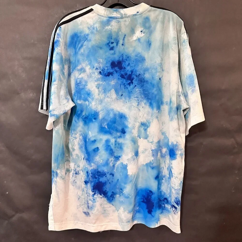 Adidas Sports Shirt XL 2XL Upcycled Blue White Watercolor Splatter Tie Dye Art